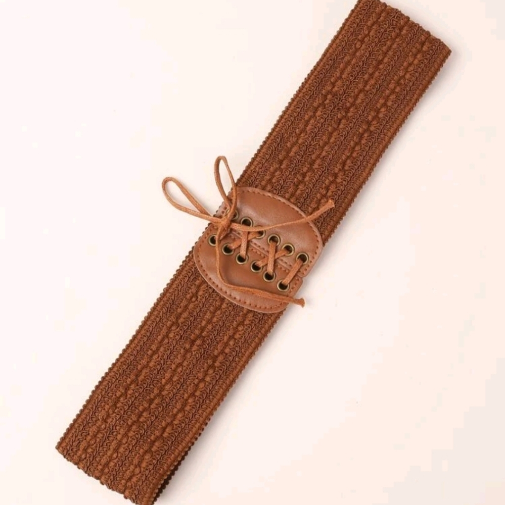 Lace up boho Brown woven corset wide elastic stretch vintage style waist belt - Picture 8 of 14
